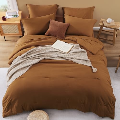 Image of King Size Comforter Set- 7 Pieces Prewashed Bed in a Bag King Bedding Sets | Soft All Season Comforter with Sheets, Pillow Shams & Pillowcases,Terracotta