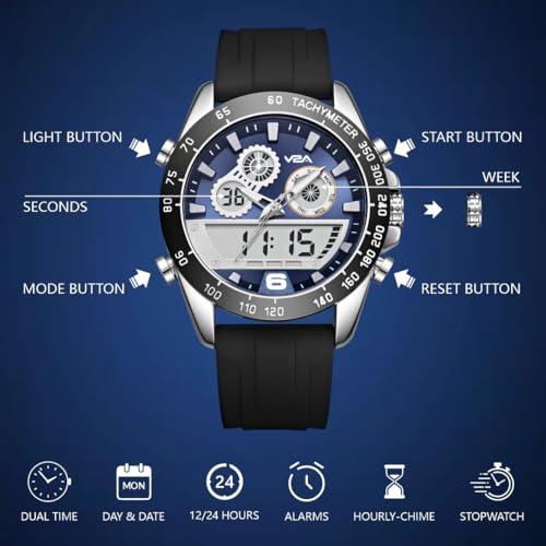 Image of V2A Men's Multifunction Analog-Digital Sports Watch - Dual Display, Quartz Movement, Zinc Alloy Case, Stopwatch, Alarm, 30M Water Resistant, Silicone Strap, Tachymeter Bezel