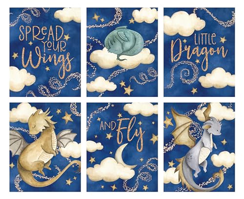 Image of Silly Goose Gifts Spread Your Wings Little Dragon Themed Wall Art Prints (Set of 6) Hanging Picture Nursery Kids Room Decor 8x10in