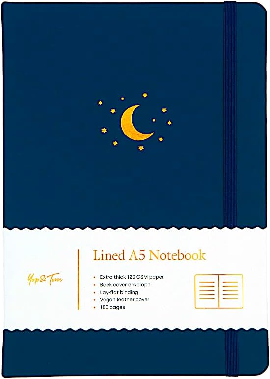 Moon & Stars Lined Journal - Notebook With Beautiful Faux Leather Cover and Extra Thick 120 GSM Paper - Midnight Blue