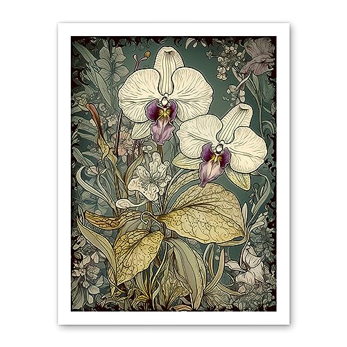 Artery8 William Morris Style White and Purple Orchid Artwork Framed Wall Art Print 18X24 Inch