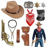 FICOFISE Cowboy Kostüm Herren Komplett Set 10 Stück Western Outfit für Erwachsene & Teens mit Cowboy Hut u.a. – Umfassendes Cowboy Zubehör für Mottopartys, Valentinstag, Karneval