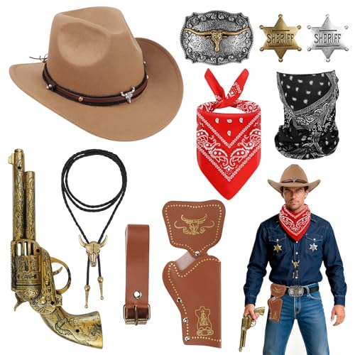 FICOFISE Cowboy Kostüm Herren Komplett Set 10 Stück Western Outfit für Erwachsene & Teens mit Cowboy Hut u.a. Umfassendes Cowboy Zubehör für Mottopartys Valentinstag Karneval