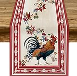 ShiTingYu Vintage Chicken Table Runner, Rustic Red Floral Farmhouse Rooster Table Decor Dining Kitchen Wedding Party 13x36 Inch