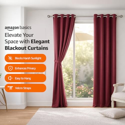 Image of amazon basics - Room Darkening Blackout Door Curtains, 100% Room Darkening | 7 Feet |Set of 2| Plain Design | for Living Room and Bedroom | 115cmx210cm, Color- Maroon