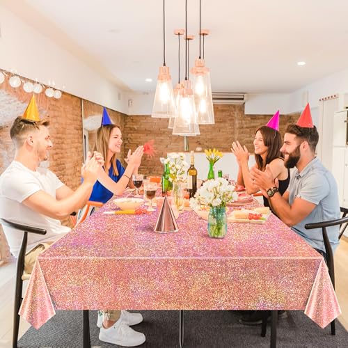 Image of 1 Pack Rose Gold Holographic Tablecloth 40 x 108 inch, Iridescent Shiny Plastic Rectangle Table Cover for Bachelorette Party, Bridal Shower, Wedding, Birthday, Anniversary and Baby Shower Decorations
