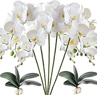 HinyoCo 5 Pcs Artificial Phalaenopsis Flowers and 2 Bundles Leaves,Artificial Orchid Flowers with 2 Bundles Leaves Stem Plants for Home Wedding Decoration