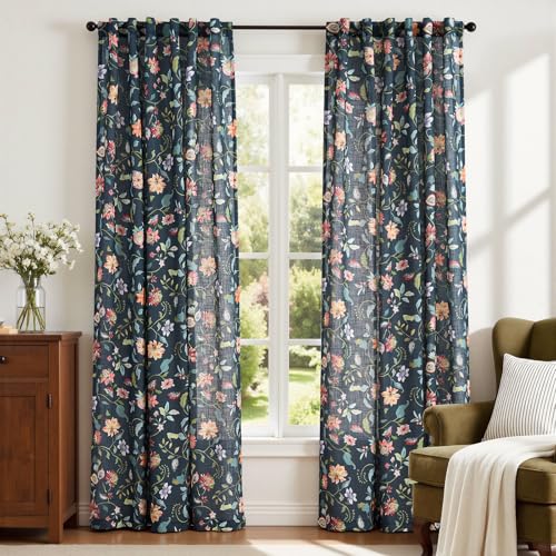 Image of jinchan Dark Blue Floral Linen Curtains 84 Inch Vintage Back Tab 2 Panels