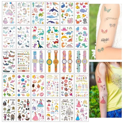 SanKristo 10 Hojas de Tatuajes Temporales para Niños Impermeables Dinosaurios Mariposas Relojes Princesas Naves Espaciales Colores Tatuajes Pegatinas Set Niñas Niños Cumpleaños Regalo Fiesta