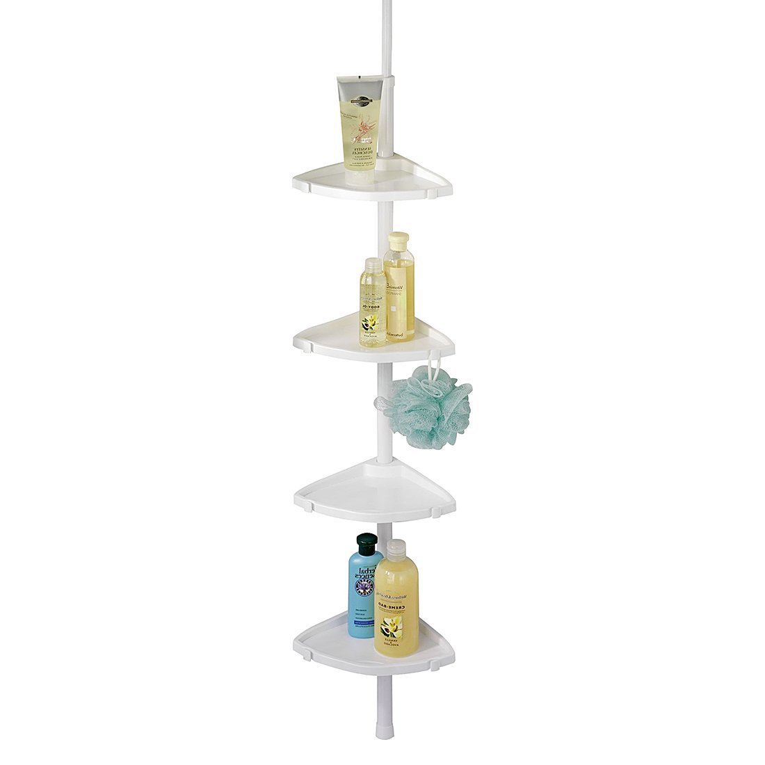 WENKO Shower Caddy Tension Pole Shower Caddy Corner Corner Shelves for Shower Storage 4 Shelves 4 Hooks White