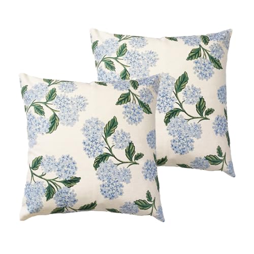 Btyrle Blue Hydrangea Flower Throw Pillow Covers 20x20 Inch Set of 2 Decorative Farmhouse Cotton Linen Floral Pillowcases Square Blue Floral Cushion Covers for Couch Sofa, Cream White