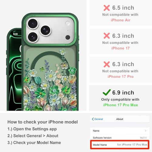 Image of Magnetic for iPhone 17 Pro Max Case for Women Girls, Green Floral | Pretty Oil Painting Flower Pattern Design [Compatible with MagSafe] Shockproof Slim Translucent Matte Non-Slip Cover