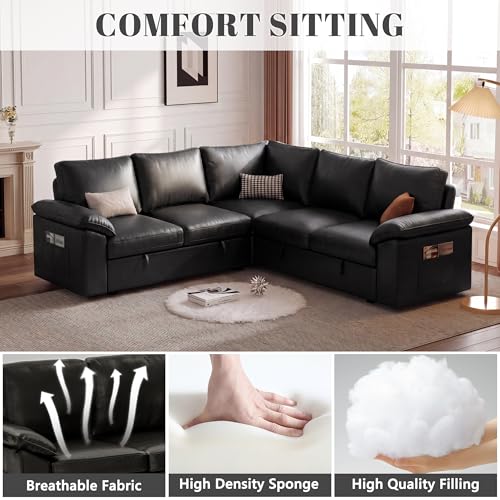 Image of 85 Inch Faux Leather Modular Sectional Sofa with Pull Out Bed, L Shaped 5 Seat Sectional Sleeper Sofa with Storage, Sectional Couches for Living Room, Cloud Modular Couch,Black Leather