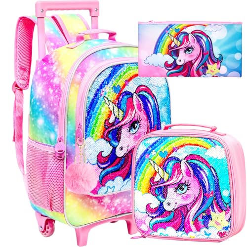3Pcs Rolling Backpack for Girls, Kids Unicorn Roller Bookbag with Wheels, Wheeled School Bag Set for Elementary -Rainbow
