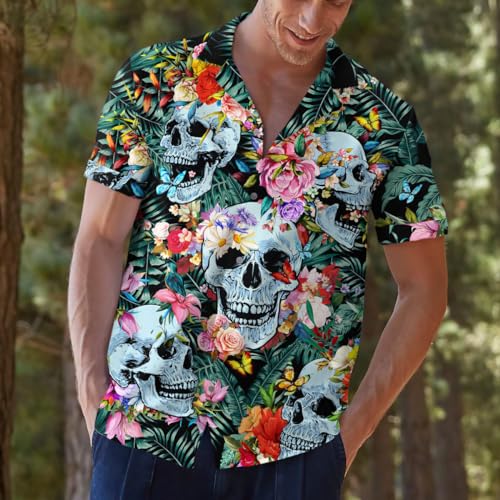 ACEPrints Chemise hawaïenne pour Homme, Chemise boutonnée décontractée pour Homme, Chemise hawaïenne à Manches Courtes boutonnée pour Homme, Tête de Mort et Fleur, L – vue 3