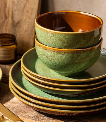 Image of LERATIO Ceramic Dinnerware Sets for 4, 12 Pieces Ceramic Plates and Bowls Sets, Scratch Resistant Dish Set, Oven, Microwave & Dishwasher Safe-Sage Meadow Green