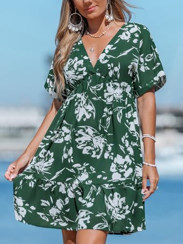 Image of CUPSHE Women Ruffle Floral Summer Dresses 2025 V Neck Short Sleeve Smocked High Waist Casual Beach Holiday Mini Dress