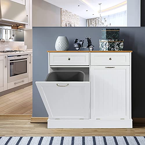 UEV Double Kitchen Trash Cabinets,Two Tilt Out Trash Cabinets with Solid Hideaway Drawers,Free Standing Wooden Kitchen Trash Can Recycling Cabinet Trash Can Holder (White)