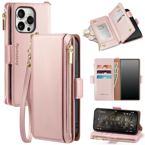 Antsturdy Compatible with iPhone 16 Pro Max Wallet Case,RFID Blocking PU Leather Phone Case Women Men Kickstand flip Cover Wrist Strap Zipper Credit Card Holder Slots for Apple 16 ProMax,Rose Gold