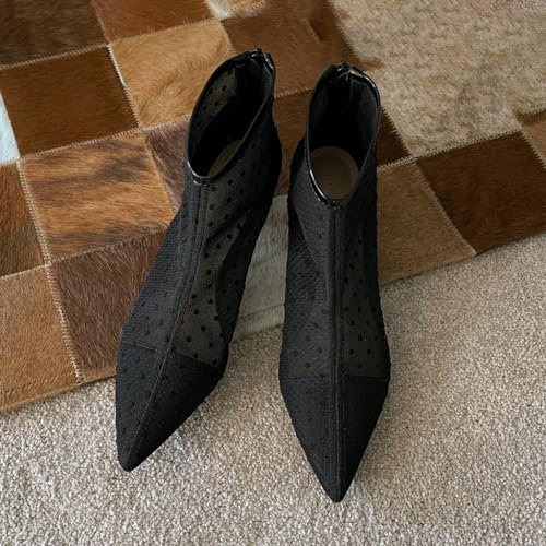 DINTAHA Womens Black Mesh Booties Low Heel Pointed Toe Low Kitten Heel Boots Polka Dot Kitten Heels4