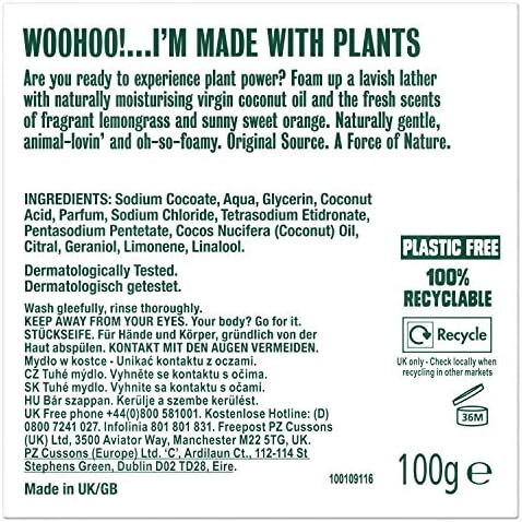 Original Source I'M Plant Based Lemongrass & Sweet Orange Bar Soap, Pack of 6 X 100 g