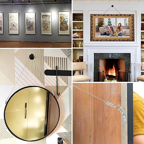 Image of String Lights Hanging Kit, Outdoor Light Guide Wire, 1 /16 Wire Rope Kit Includ 98.4FT Picture Wire 4Pcs D-Ring Hangers 8Pcs Screws, Adjustable Hanging Hooks for Hanging Picture Frame Mirror Wall Art