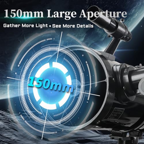 Image of HINISO 150EQ Astronomical Telescope for Adults, Beginners & Students | 150mm Newtonian Reflector with Equatorial Mount | Moon & Planet Viewing | Bluetooth Remote, Phone Adapter & Tripod