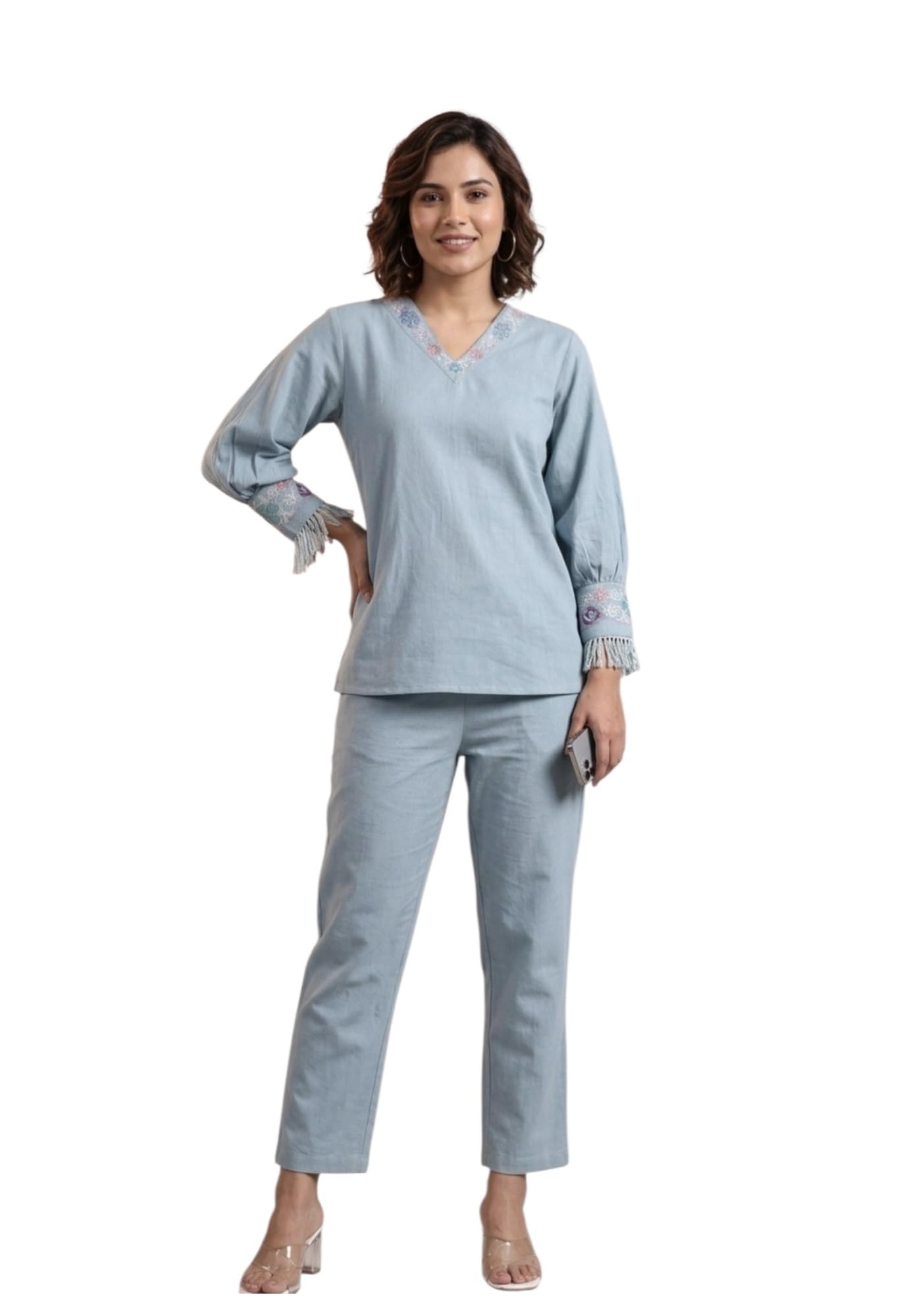 Women's Light Blue Co-ord Set, V-Neck Top with Floral Embroidery, Fringed Cuffs, Straight Pants-image-12