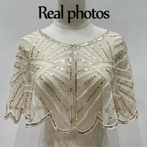 Vintage Lace Beaded Shawl, Soft Mesh Fringe Wraps, 1920s Shawl Wraps Sequin, Soft Mesh Fringe Cape4