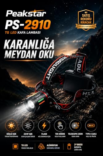 PeakStar PS-2910 3000 Lümen Şarjlı Profesyonel Zoomlu Kamp Avcı Balıkçı Kafa Lambası Feneri