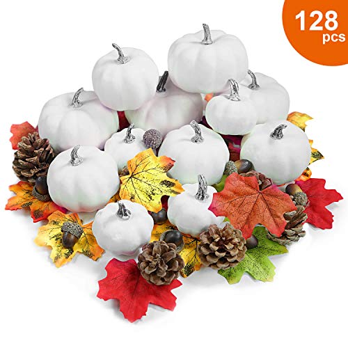 Small White Plastic Pumpkins for Decorating - 12pcs DIY Assorted Size Mini White Foam Pumpkins for Crafts, Added 100pcs Artificial Fall Leaves 10pcs Acorns and 6pcs Pinecones for Autumn Pumpkin Decor