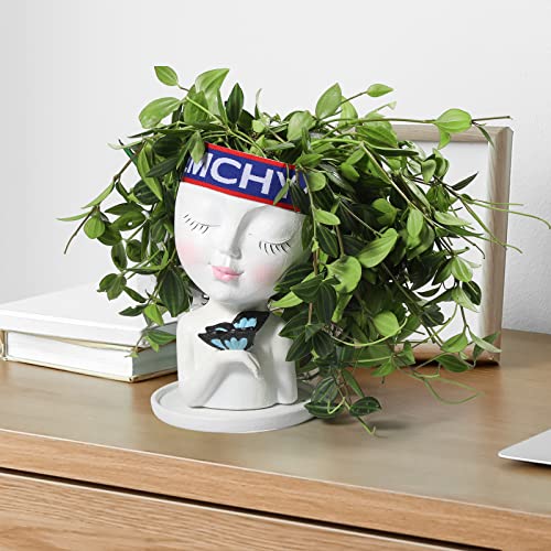 Face-Planter-Pots-Head-for-Indoor-Outdoor-Plant-with-Butterfly-Succulent-Planter-with-Drainage-Hole-Cute-Lady-Face-Flower-Pots-White Face Planter Pots Head for Indoor Outdoor Plant with Butterfly Succulent Planter with Drainage Hole Cute Lady Face Flower Pots White
