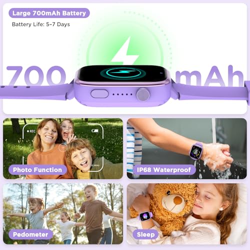 Nuevo 4G Reloj Inteligente Niño con Videollamada & GPS, Smartwatch Niños con SOS, Chat de Voz, Modo Escuela, Podómetro, Despertador, Monitor de Sueño IP68 Impermeable Regalo para Niños Niñas, Púrpura 7