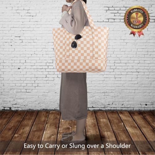 Image of TOPDesign 1-Pack Canvas Tote Bag with an External Pocket, Reusable Grocery Shopping Bag, Top Zipper Closure, Daily Essentials (Khaki Checkered)