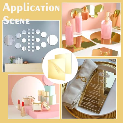 Image of BENECREAT 2Pcs 12x12 Inch Acrylic Mirror Sheets, 1 /8 Inch(3mm) Square Flexible Mirror Sheets with Film Attached for Engraving Wall Decor DIY Crafts, Gold