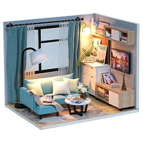 DIY Miniatur Puppenhaus Holzhaus Musik Bewegung Wohnzimmer Ecke Ornamente Cover