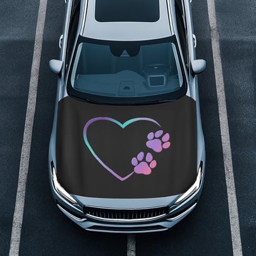 Image of 39x59 Inch Love Heart Dog Paw Print Cover for Car Hood, Car Hood Waterproof Protector All Seasons Universal Car Decorative Accessories Easy Install for Car Hood Protection
