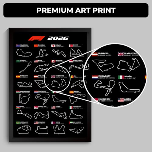 Image of F1 Poster | Formula 1 Race Frame | F1 Race Calendar 2026 Poster for Wall | F1 Tracks Wall Decor | Monza, Monaco, Suzuka, Silverstone Track Room Decor Framed | Formula 1 Room Decor (F 166)