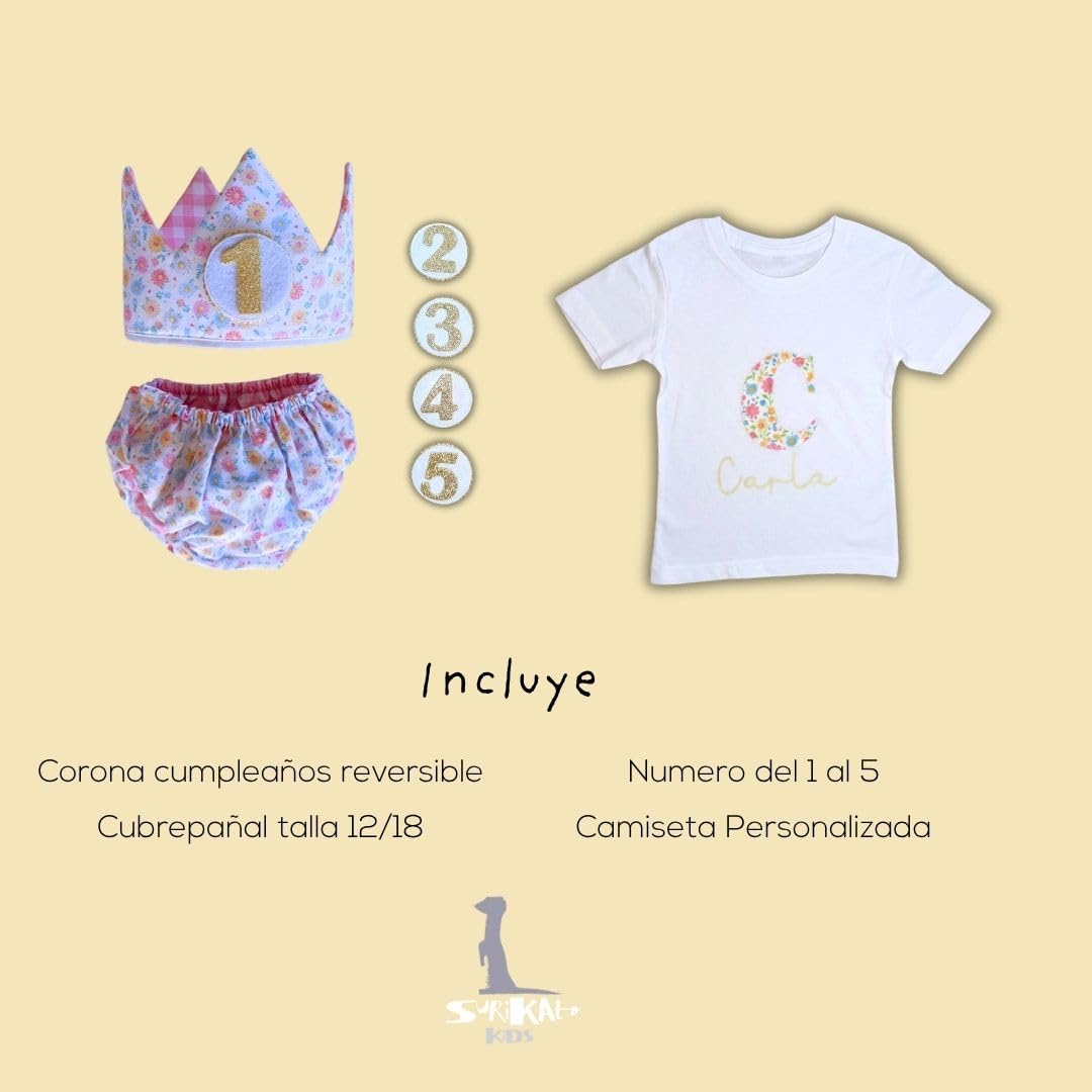 Genérico - Conjunto Cumpleaños 1 año Personalizado - Camiseta con nombre Bebé - Regalo primer cumpleaños - Smash Cake - Corona cumpleaños