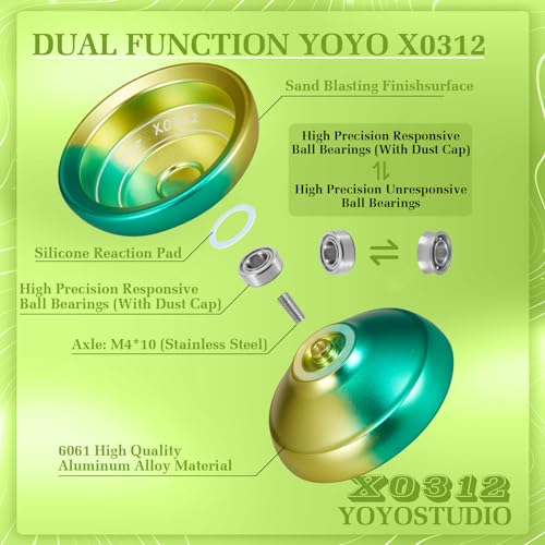 YOYOSTUDIO X0312 Responsive Yoyo for Kids 8-12, Professional Finger Spin Yo Yo for Adults, Dual Purpose Trick Yoyos with Unresponsive Yoyo Bearing Kit + 10 Yo-Yo Strings + Caes (Yellow Green Gradient)