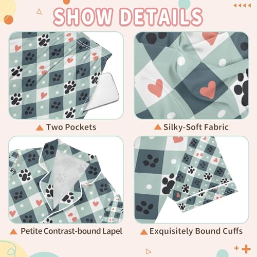 senya Dog Paw Print on Plaid Satin Summer Pajama Sets Silk Short Sleeve Button Down Sleepwear3