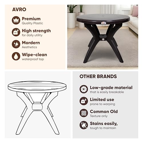 Image of AVRO Furniture Alfa Plastic Round Dining Table, 4 Seater, Contemporary Design, Indoor & Outdoor Use, Lightweight, Easy to Clean, 100 Kg Capacity, 95x95x73.5 cm, Brown