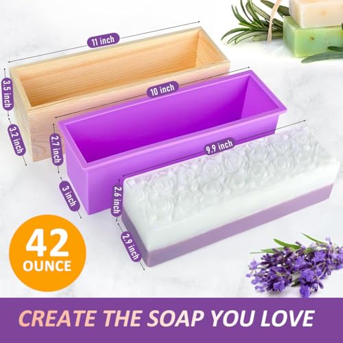 Image of HASTHIP Silicone Soap Mold with Wooden Box, 1200g /42Oz Large Capacity Flexible Rectangular Loaf Mold, Stainless Steel Wavy + Straight Scraper for Soaps Making