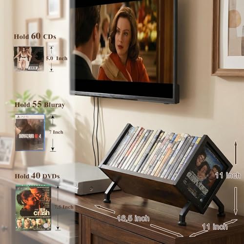 Image of DVD & CD Storage Rack, Blu ray Storage Shelve Holds Up To 28 DVD Cases, Wooden Media Holder also Used for CDs, Video Game, Vhs Taps Storage, Retro Style Desktop organizer