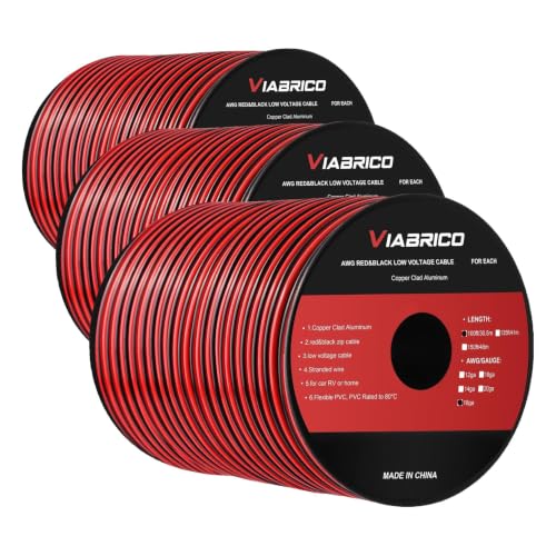 Image of VIABRICO 16 Gauge Wire, 16AWG Automotive Wire Electrical Wire 100FT 2 Conductor Red Black 12V /24V DC Cable LED Strips Extension for Light RC Car Speaker (Pack of 3)