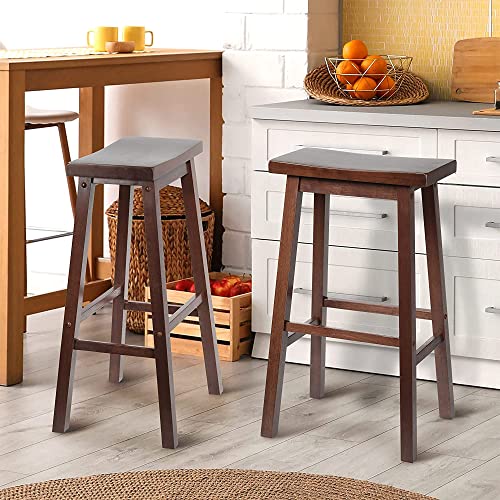 Image of PJ Wood - 24 in Backless Saddle Seat Counter Stools - Walnut 2-Piece Set | Solid Parawood, FSC-Certified, A-Frame Design, Built-In Footrests, 225 lb Capacity, Rectangular Shape, Easy Assembly