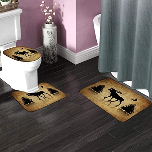 Badezimmerteppich-Set, 3-teilig, Vintage-Tier, rustikal, Elch, Elch, Hirsch, Wald, Kiefer, Mond, Design, waschbare Badteppiche, rutschfest, mit Rückenpolster, Konturteppich und Toilettendeckelbezug – Bild 4