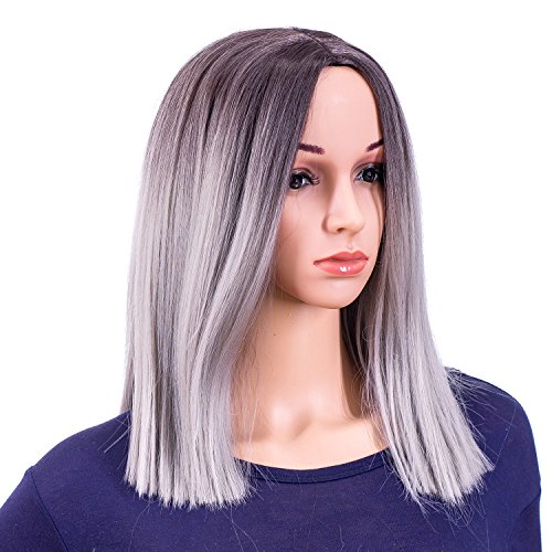 SWACC 14-Inch Short Straight Middle Part Hair Wig Medium Length Synthetic Heat Resistant Wigs for Women with Wig Cap (Gray Ombre)