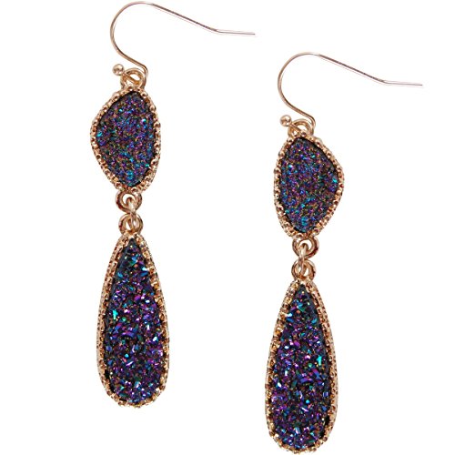 Humble Chic Simulated Druzy Drop Dangles - Gold-Tone Long Double Teardrop Dangly Earrings for Women, Iridescent, Peacock, Dark Blue, Metallic, Gold-Tone