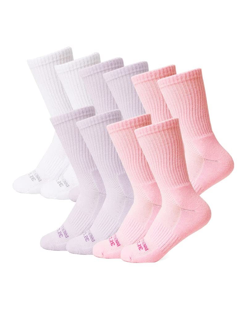 32 DEGREEES Women's 5 Pack Comfort Crew Socks | Anti-Odor | Arch Support | Active | Casual | Work, Pink/Purple/White, Medium